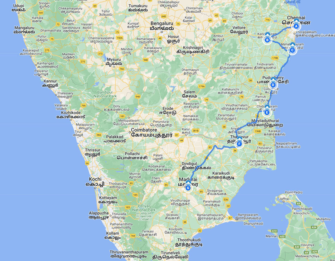 Great Temples of Tamil Nadu Tour Map